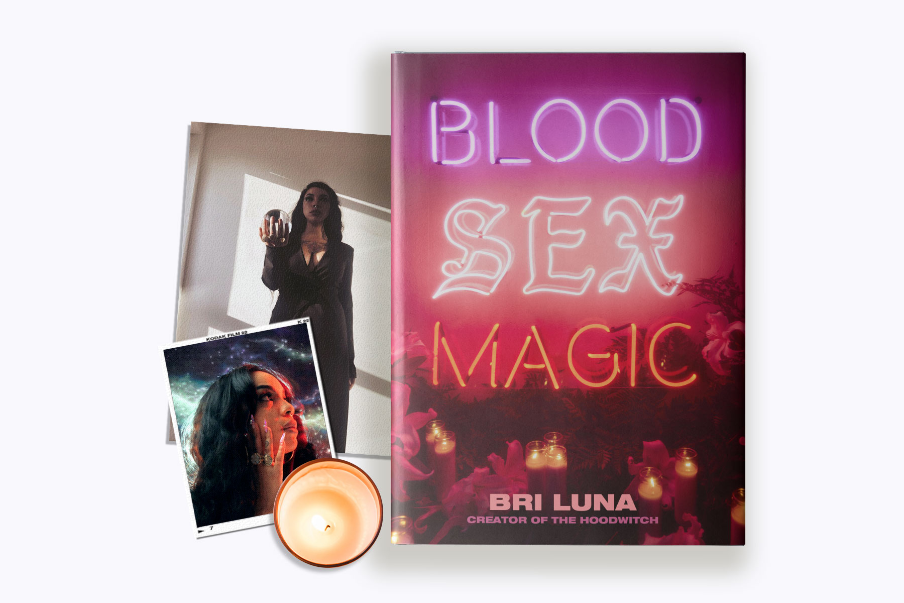An photo illustration of Bri Luna's book, "Blood, Sex and Magic" along with images of her and a lit candle.
