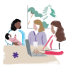 Illustration of three women interacting with one another to represent The 19th membership community