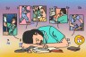Digital illustration of an exhausted female nurse sleeping at her desk. On top of her there are vignettes of her doing various activities including replacing an IV bag, running, giving a patient a cup of water, working at a computer, and injecting someone’s arm with a needle.