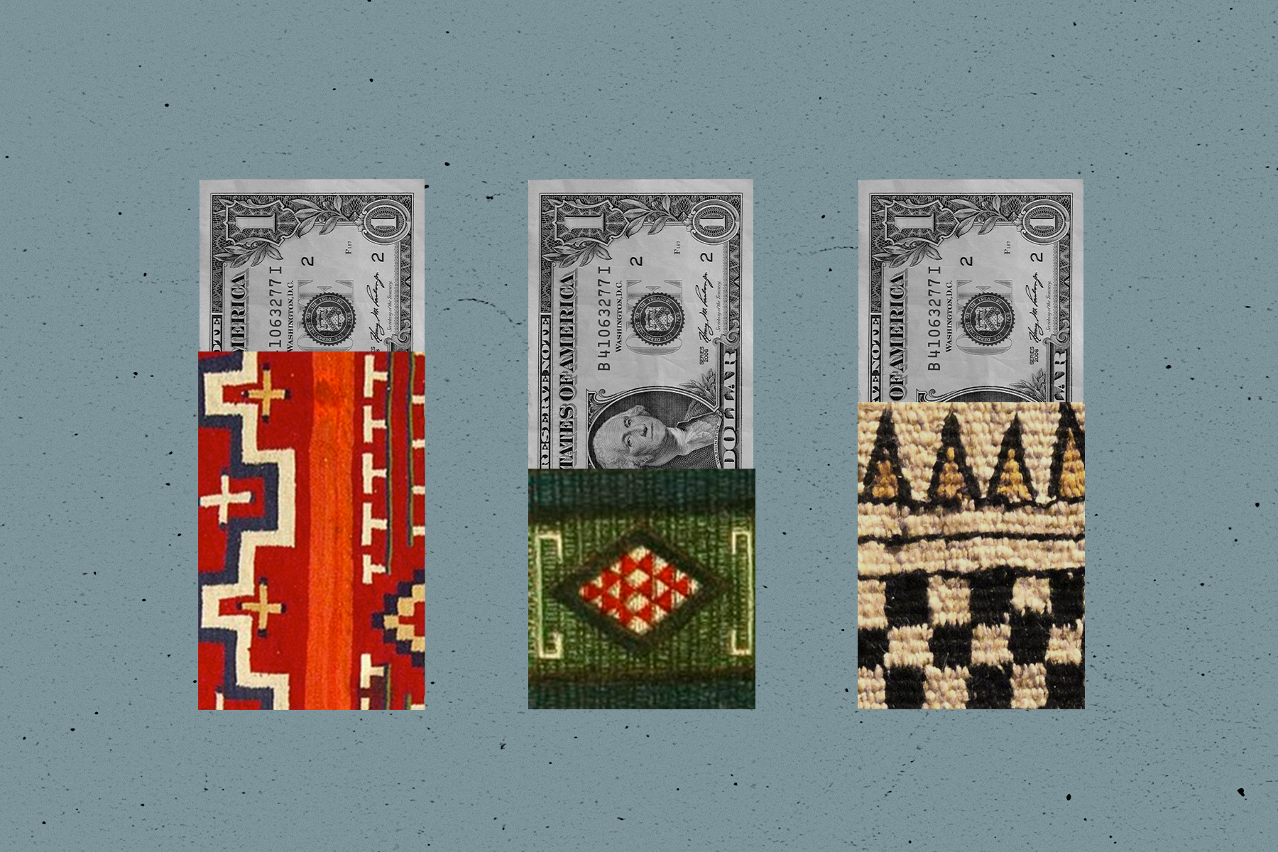 An illustration featuring textiles from (left to right) the Navajo, Zuni and Salish tribes.