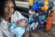 Dyptich of two images: on the left, briana jones holds her newborn and on the right, briana celebrates her pregnancy.