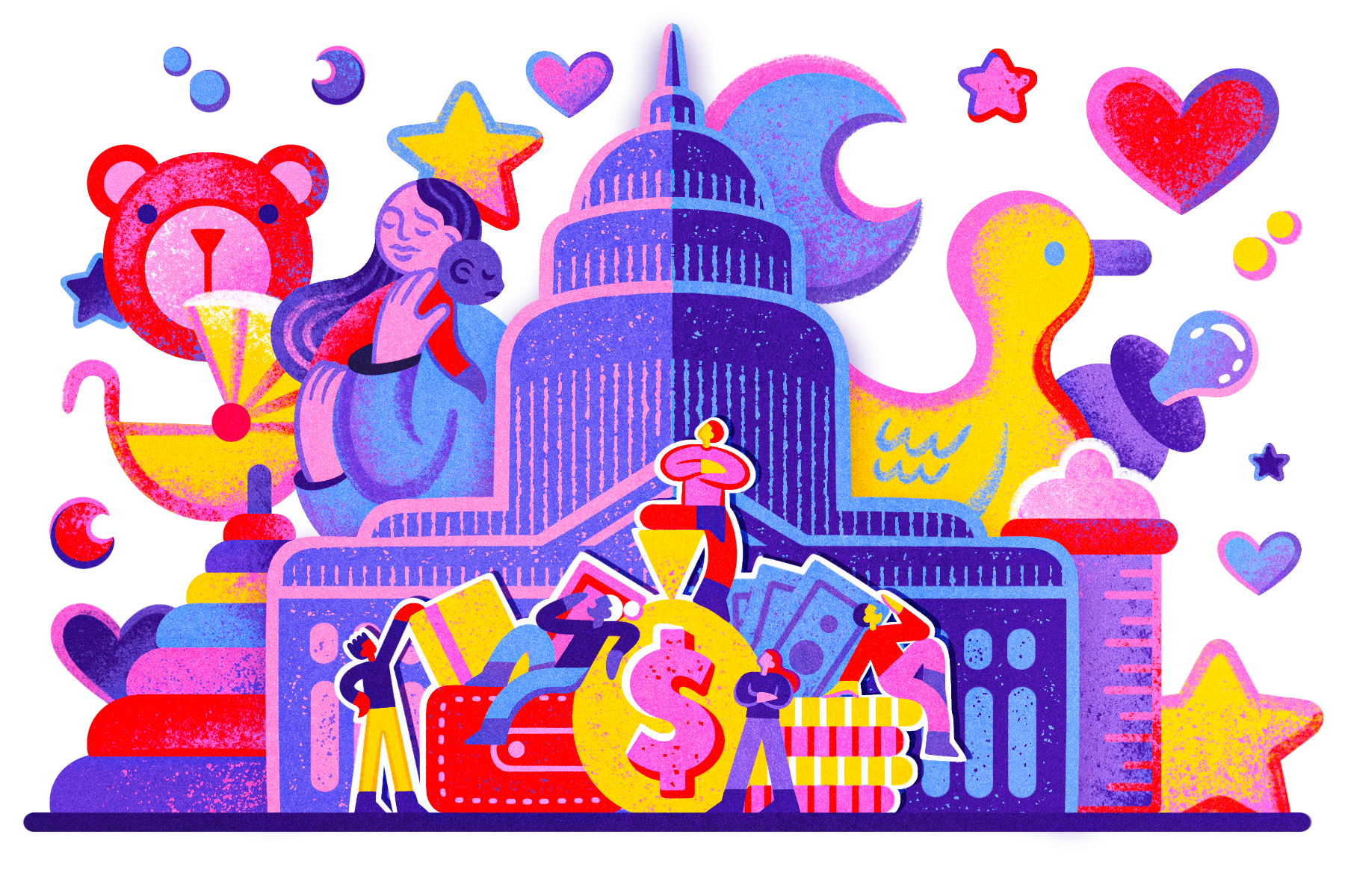 An illustration focused on childcare and congress. The illustration has the nation's Capitol with a baby bottles, pacifier, and stacking rings. Seemingly "lazy "lawmakers sit atop government funds.