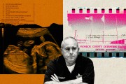 Photo Illustration of sheriff's investigator Spencer Woods, behind him an image of a prison, an ultrasound and a transcript are collaged together.