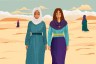 Two solemn, but strong women standing in a surreal environment that appears to be the desert. One wears a hijab and the other wears a star of David.