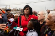 Cherelle Parker speaks to the media with her high school English teacher Janette Jimenez by her side.