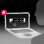 Illustration of a laptop with a face looking through a peephole, extending a hand through the screen towards the user.