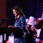 Nikki Haley delivers remarks at her primary night rally at the Grappone Conference Center on January 23, 2024 in Concord, New Hampshire.