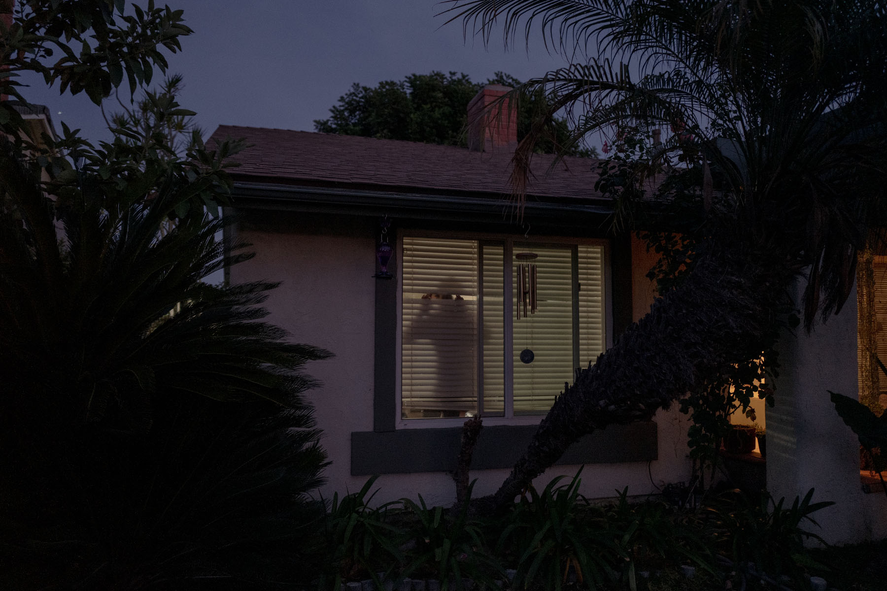 Yvette Lopez peaks outside from blinds inside her home in Los Angeles.