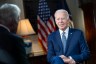 President Joe Biden participates in an interview in the Map Room of the White House.