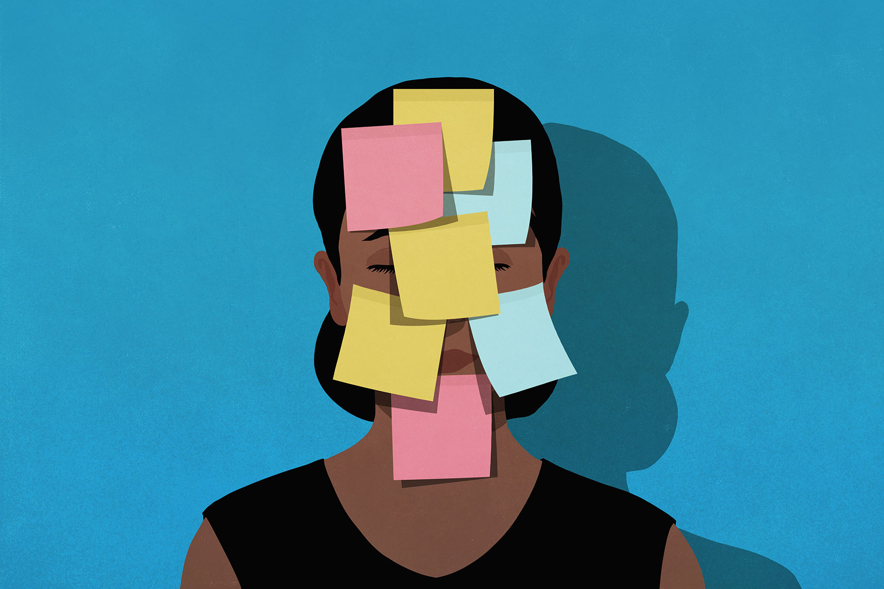 Illustration of adhesive notes covering face of exhausted woman.