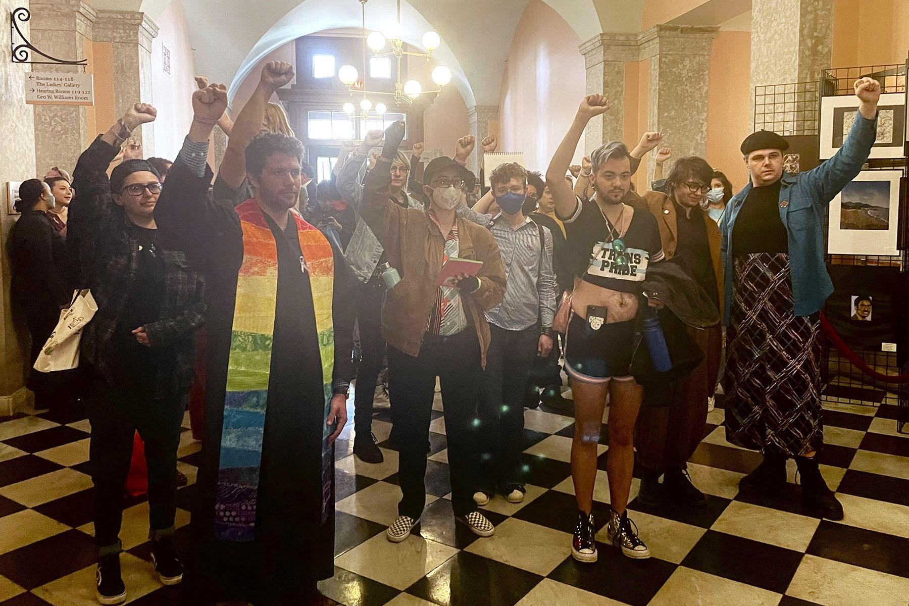 Protesters fill the Ohio Statehouse corridor in April 2023, in Columbus, Ohio.