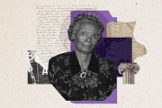 A photo collage of an older woman laid over collaged elements like writing, torn paper and blocks of color.