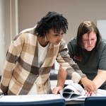 Trainee Diamond Hamel learns how to read blueprints in a classroom at Rochester Community and Technical College.