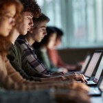 A group of high school students studying over laptops in a classroom.