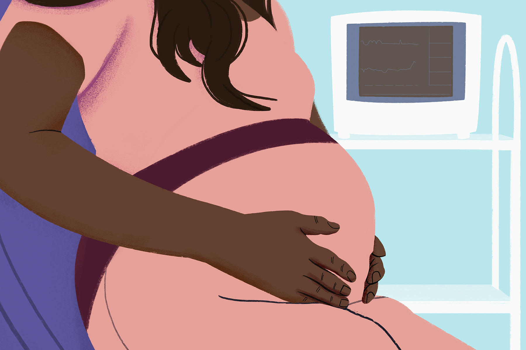 Illustration of a pregnant woman holding stomach in an exam room.