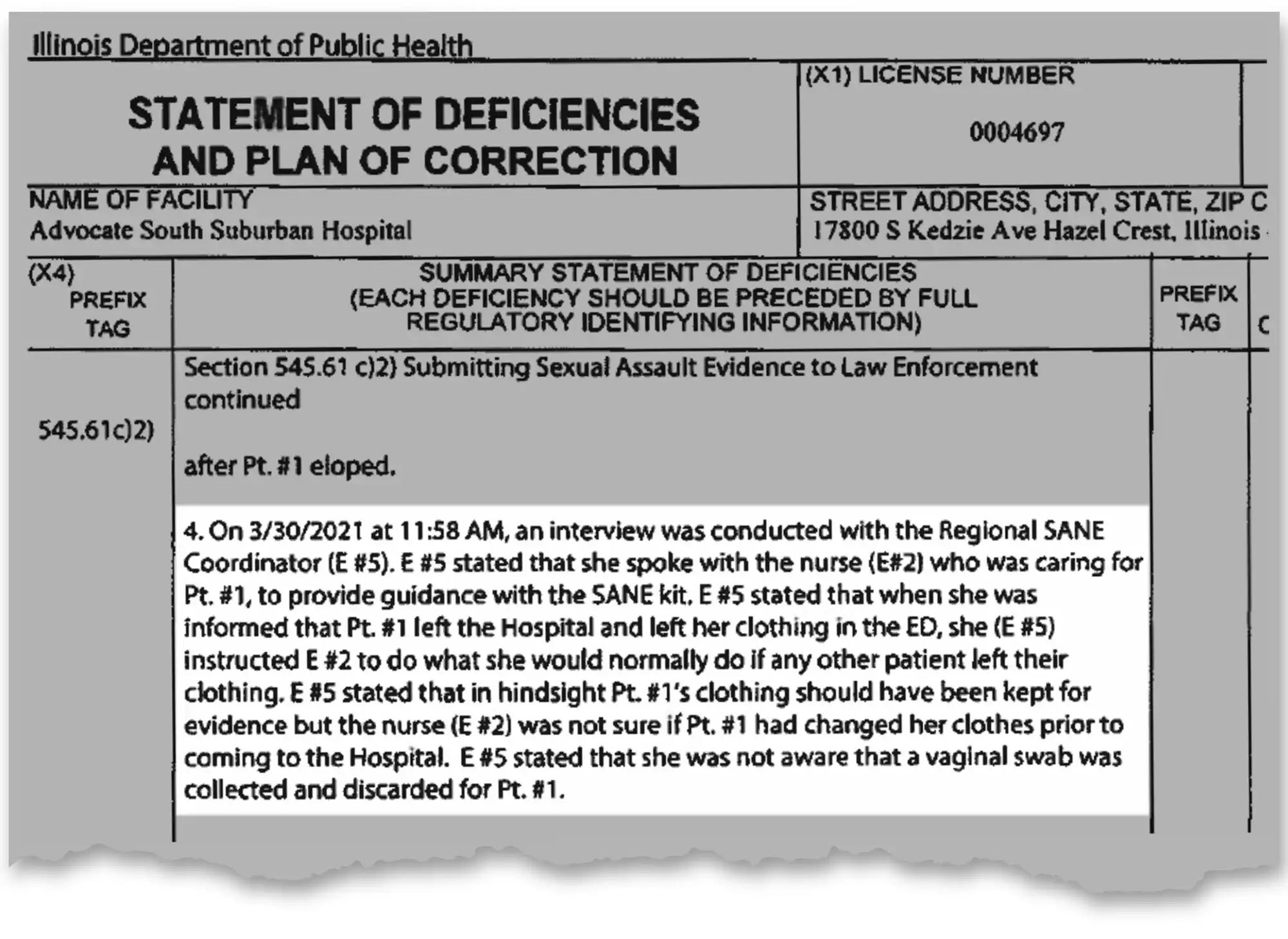 A report from the Illinois Department of Public Health details an incident where Advocate South Suburban Hospital in Hazel Crest threw away a woman’s clothes and the entire contents of her rape kit in 2021.