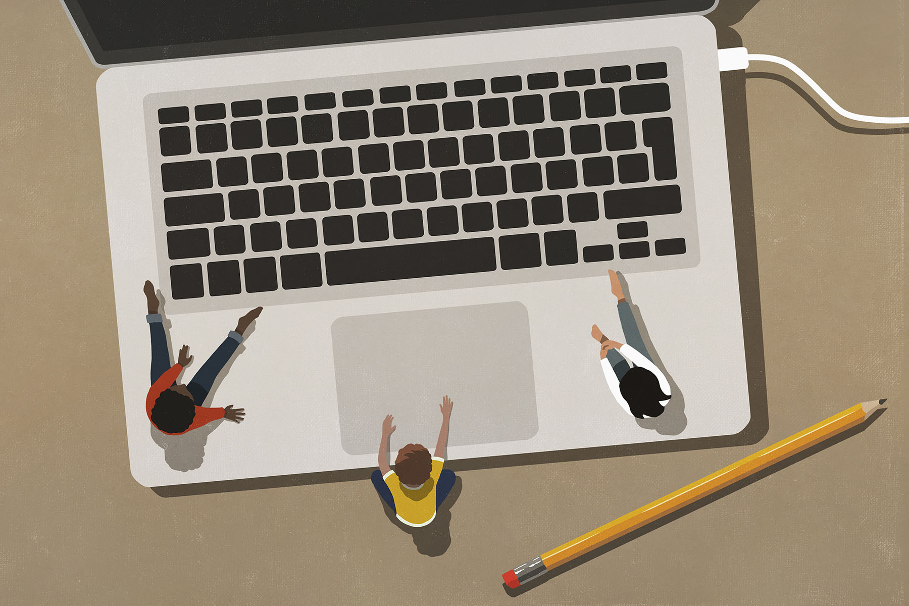 Illustration of kids sitting on top of a laptop