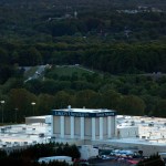 The sun sets over Liberty University's Tower Theater building