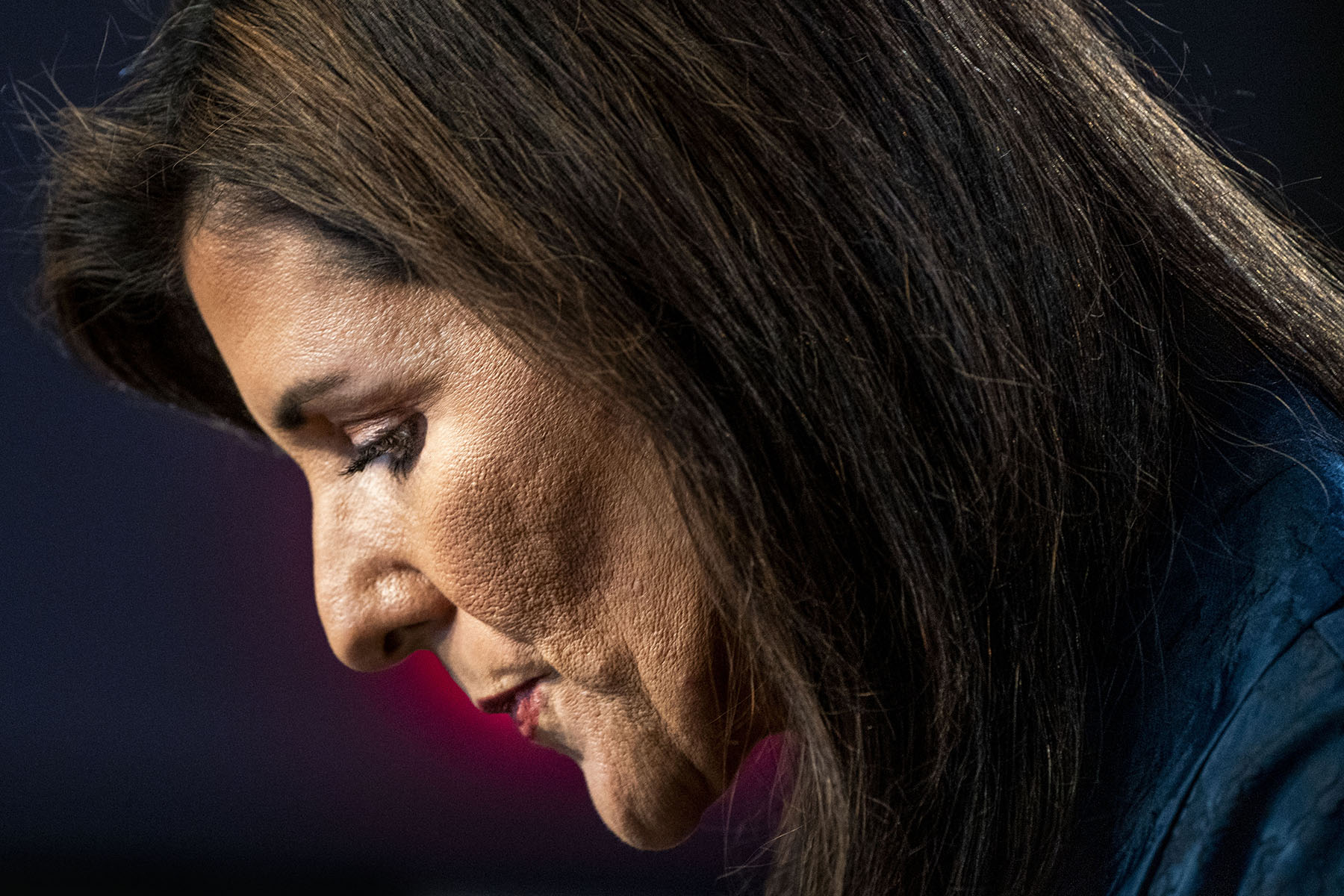 Close up of Nikki Haley delivering an address in downtown Greenville, South Carolina