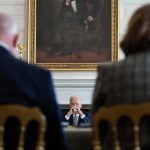 President Joe Biden holds a Reproductive Health Task Force meeting in the State Dining Room of the White House.