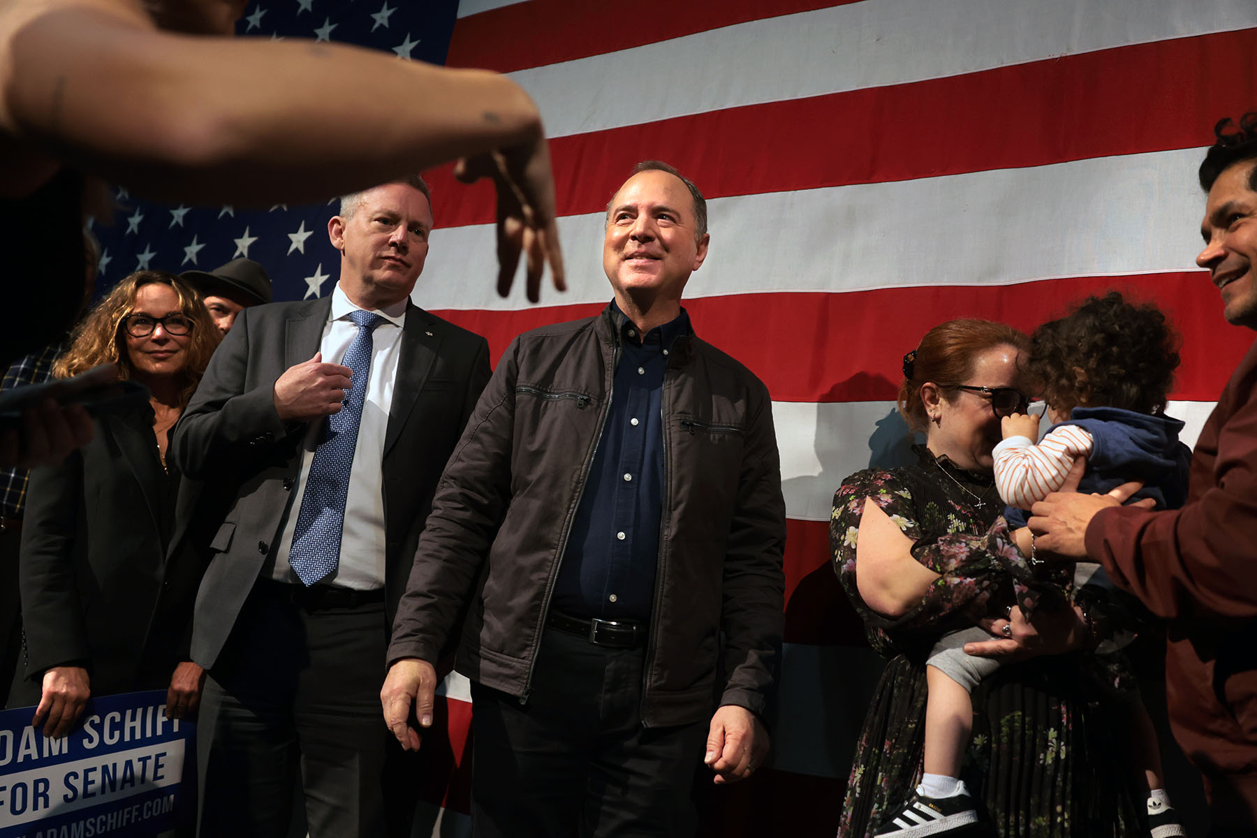 Adam Schiff greets supporters at IATSE Local 80 in Burbank, California