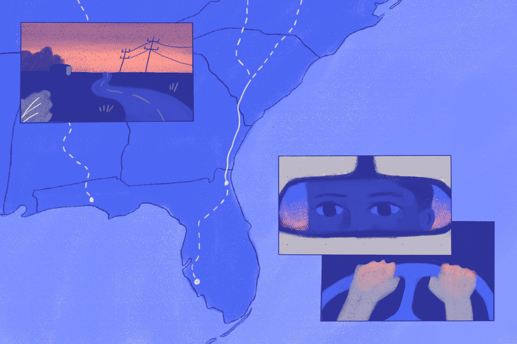 An illustration of a map with routes beginning in Florida to other states. On top of the map are smaller vignettes of a rural road, a person's face in a rearview mirror, and their hands on a steering wheel.