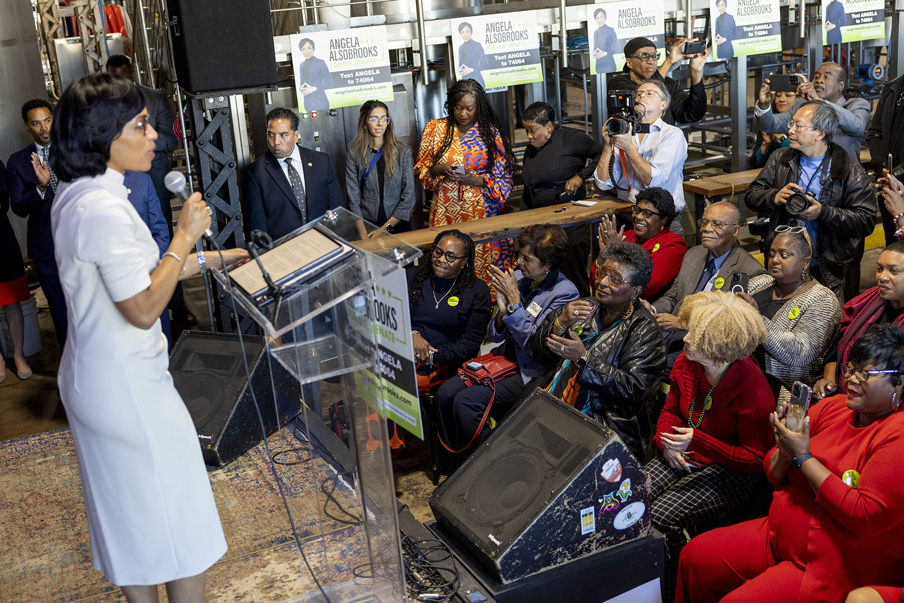 Angela Alsobrooks speaks to supporters during a campaign event at a Baltimore Brewery.