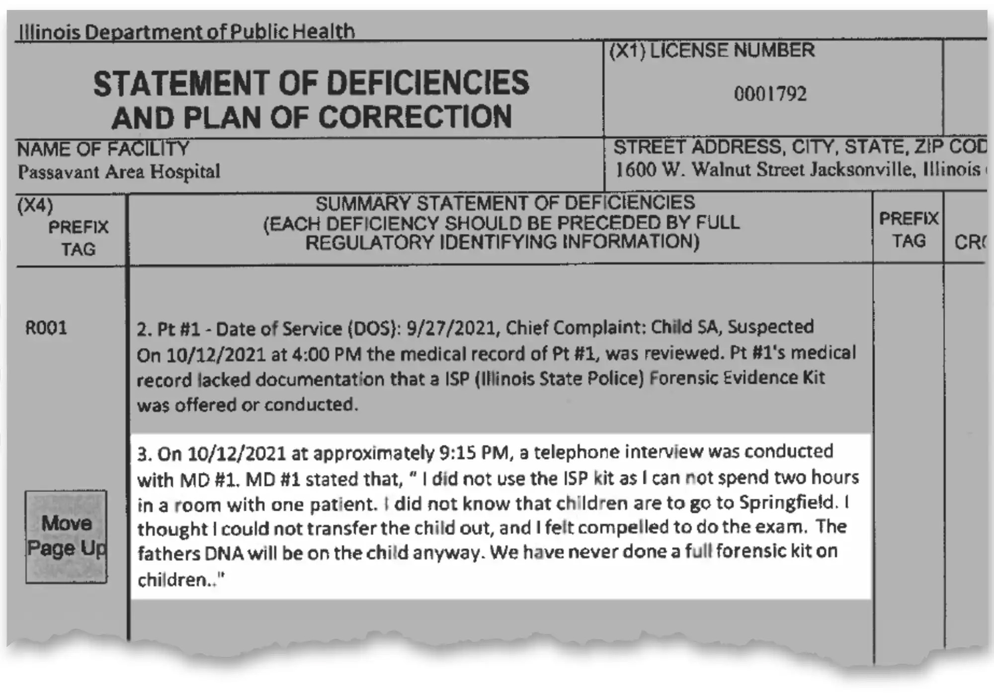 A report from the Illinois Department of Public Health details the handling of the girl's case at the Jacksonville Hospital.