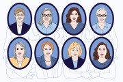 An illustration depicting the portraits and friendships of eight democratic women governors. Governors pictured: (Top row, from left to right):  Laura Kelly (Kansas), Katie Hobbs (Arizona), Kathy Hochul (New York), and Tina Kotek (Oregon),   (Bottom row, left to right), Michelle Lujan Grisham (New Mexico), Maura Healy (Massachusetts), Janet Mills (Maine) and Gretchen Whitmer (Michigan).