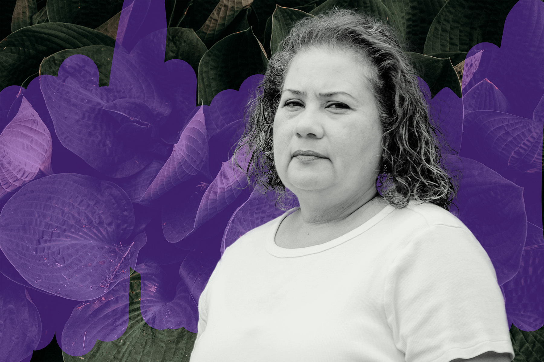 Photo illustration of Elbia L. Altamirez layered on top of a background of purple and green leaves.