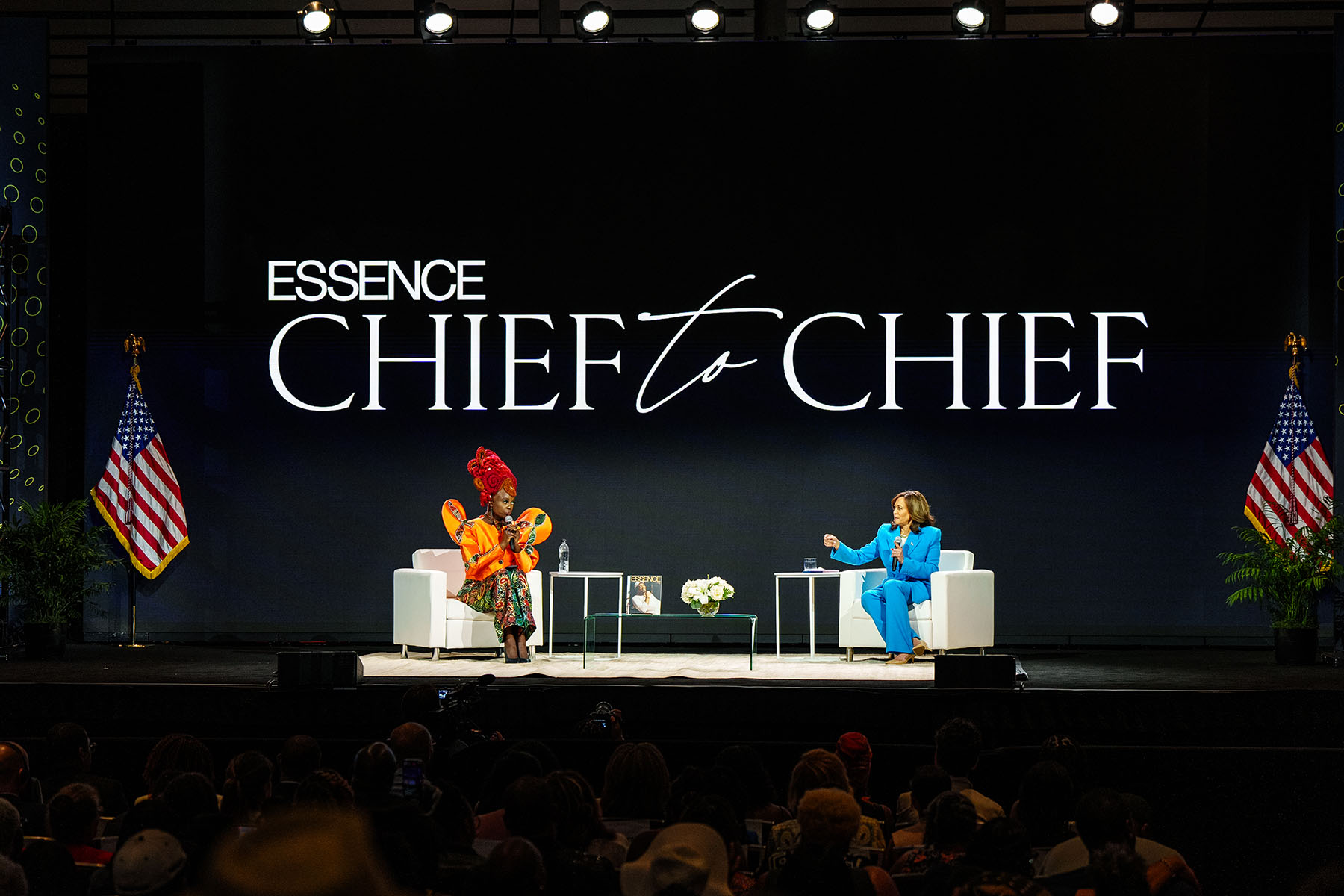 Essence CEO Caroline Wanga and Vice President Kamala Harris on stage at the Essence Festival of Culture