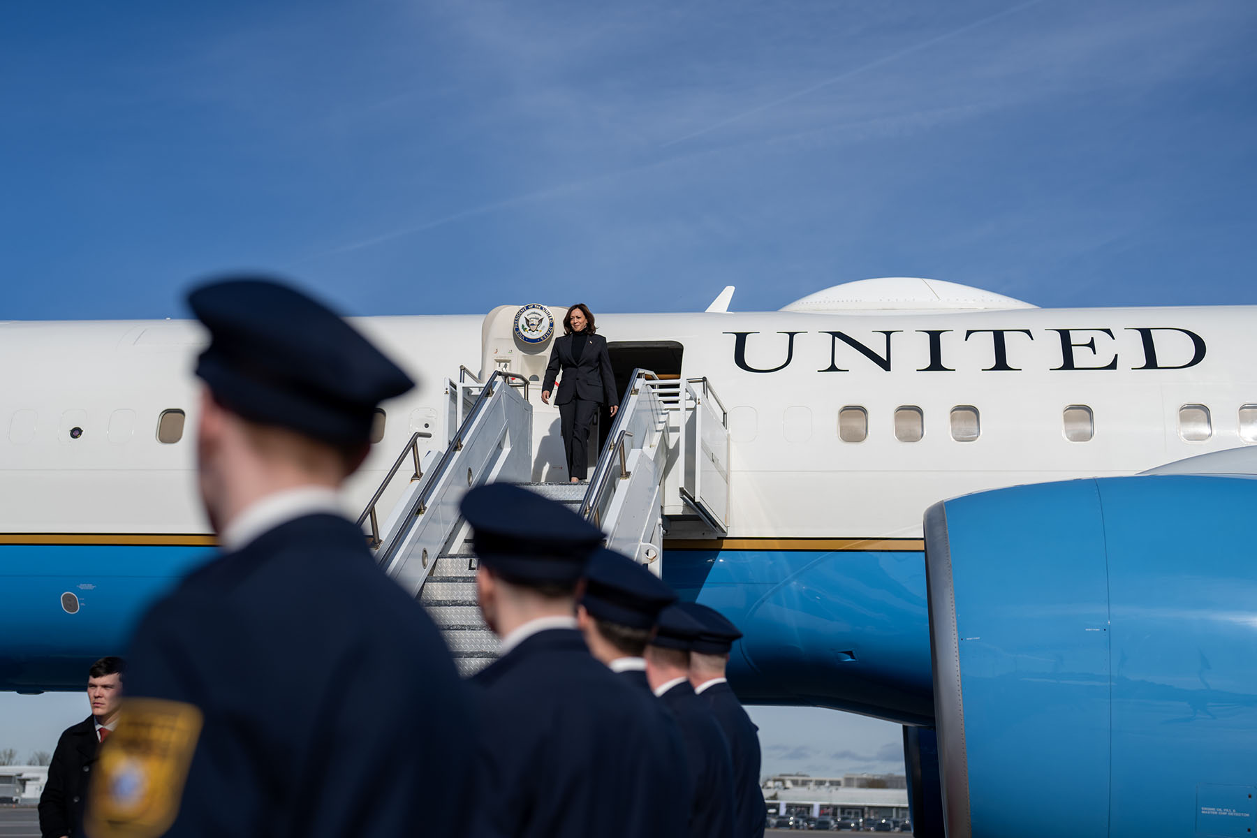 Vice President Kamala Harris disembarks Air Force Two in February 2024.