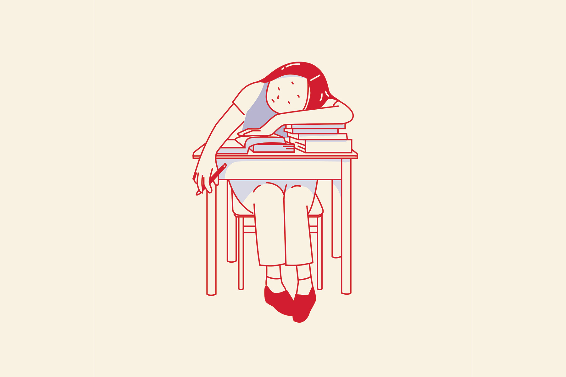 illustration of a student hunched over her desk with her head resting on her school books.