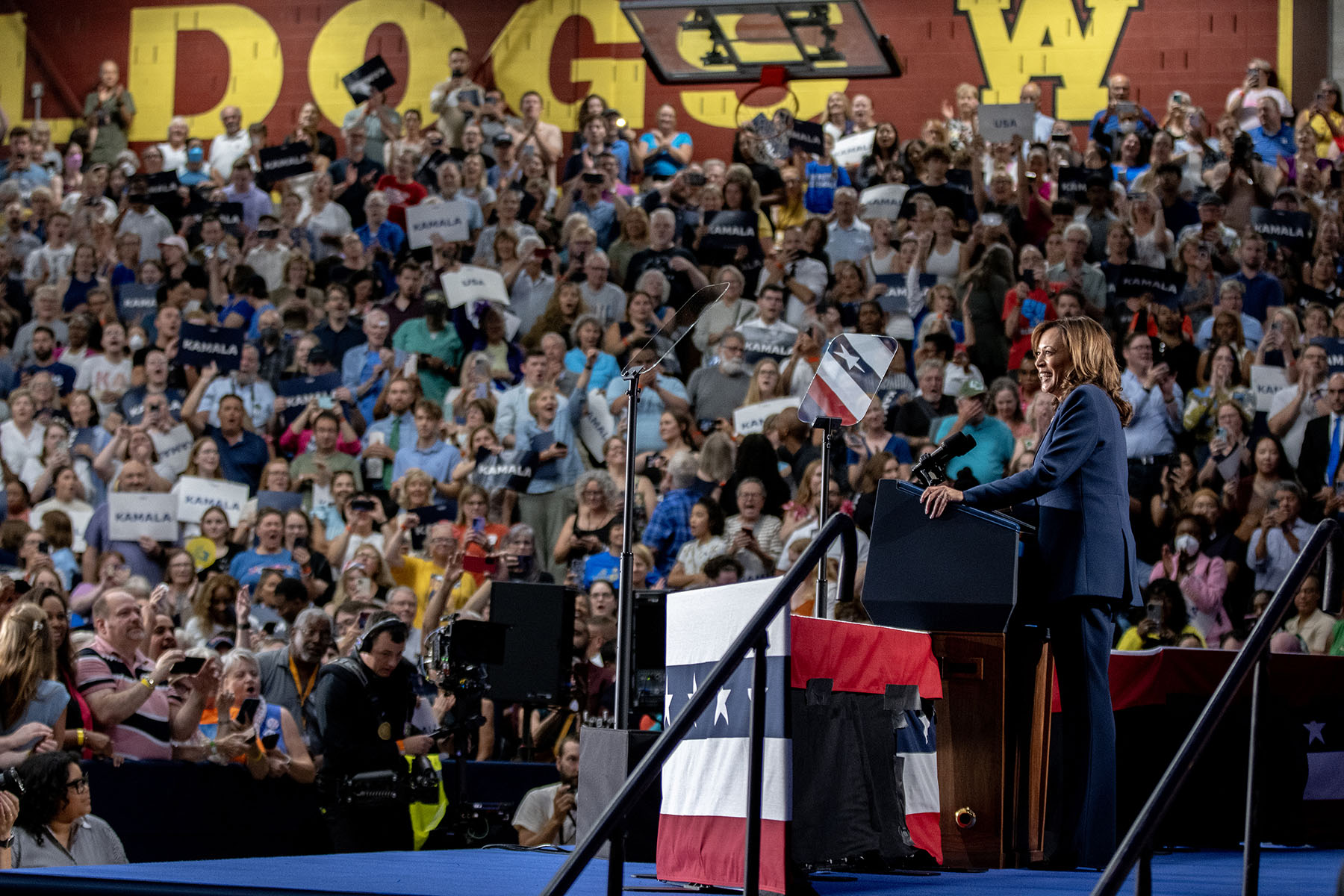 VP Kamala Harris speaks to supporters during a campaign rally at West Allis Central High School.