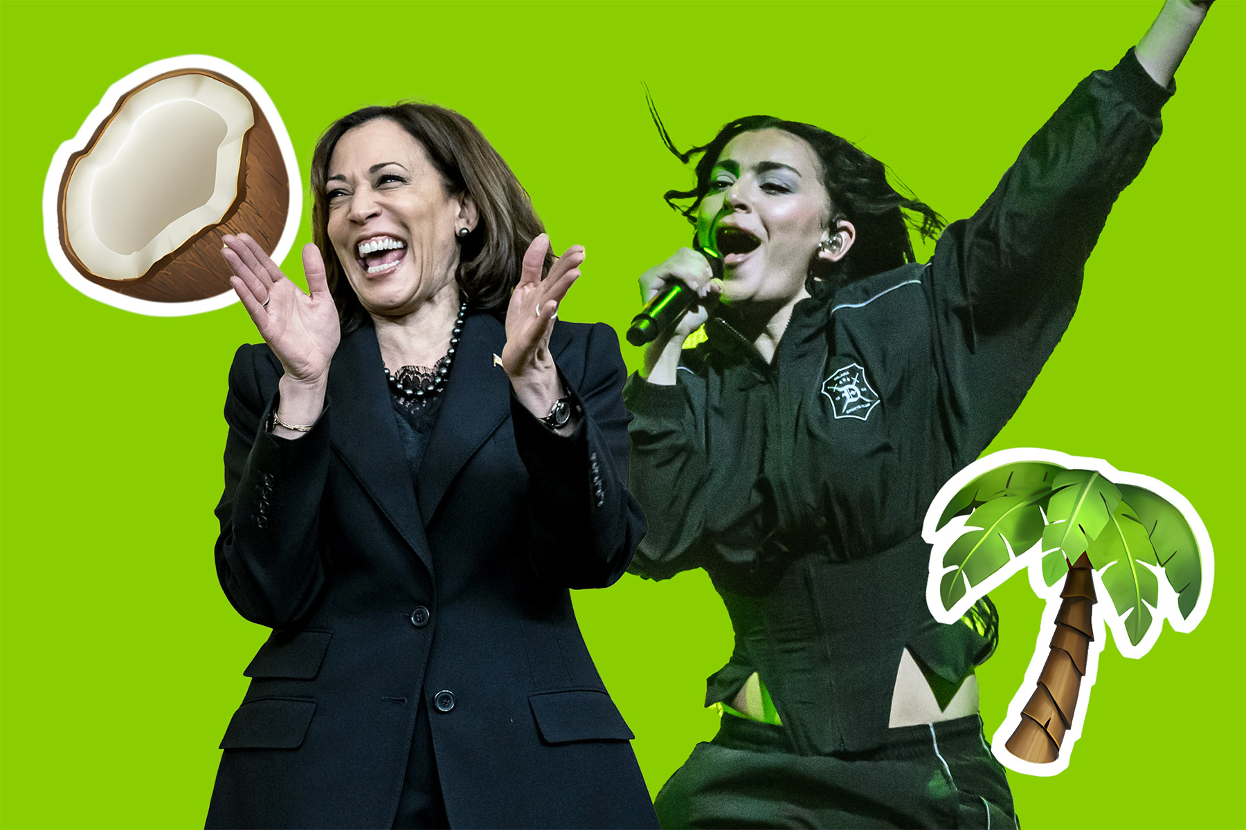 Collage of Kamala Harris clapping, Charli xcx singing and coconut and palm tree emojis.