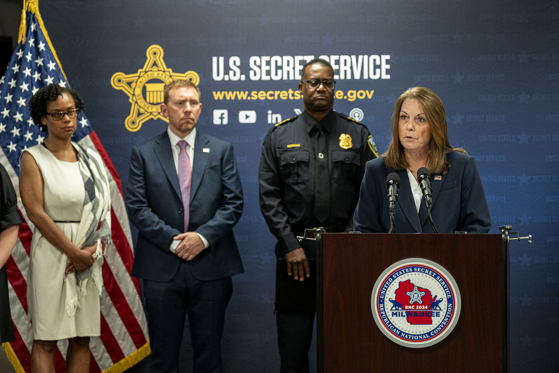 Secret Service Director Kimberly Cheatle speaks during a Republican National Convention security news conference.