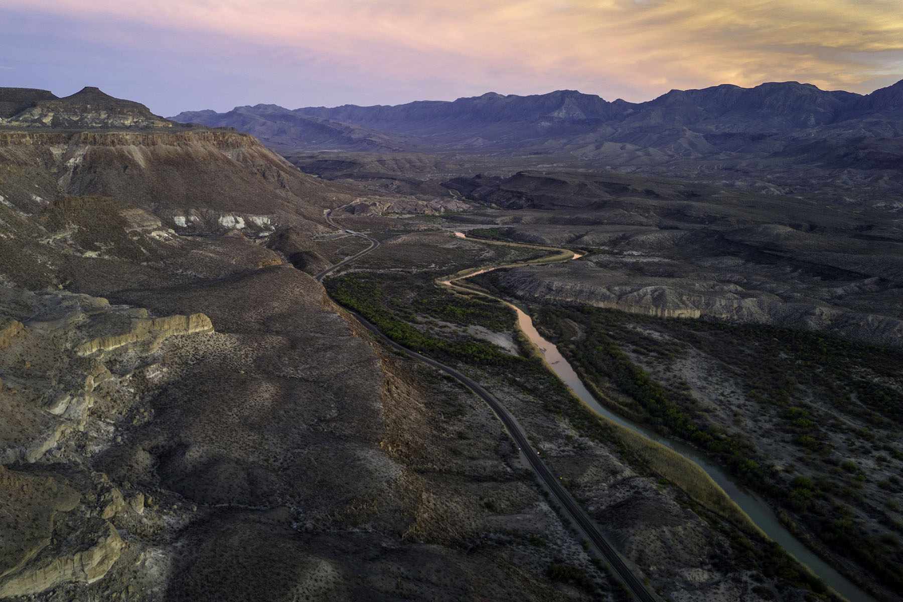 Aerial view of The Rio Grande forming the U.S.-Mexico border at Big Bend Ranch State Park.