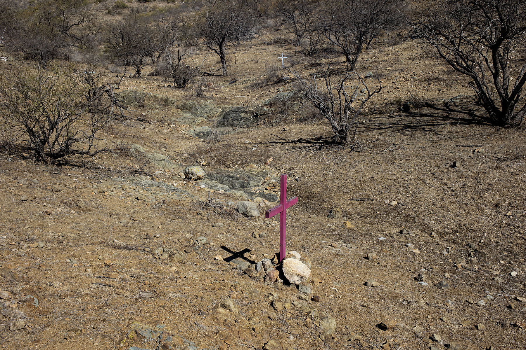 Crosses left by border activists are seen in the Altar Valley, Arizona.