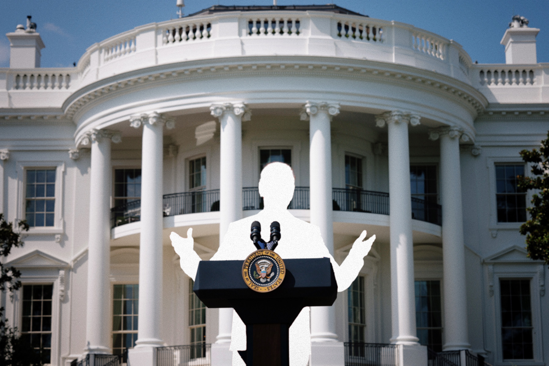 A photo illustration shows a cut out of a man speaking at the presidential podium in front of the White House.