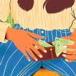 Illustration of woman's hand holding wallet with paper currency.