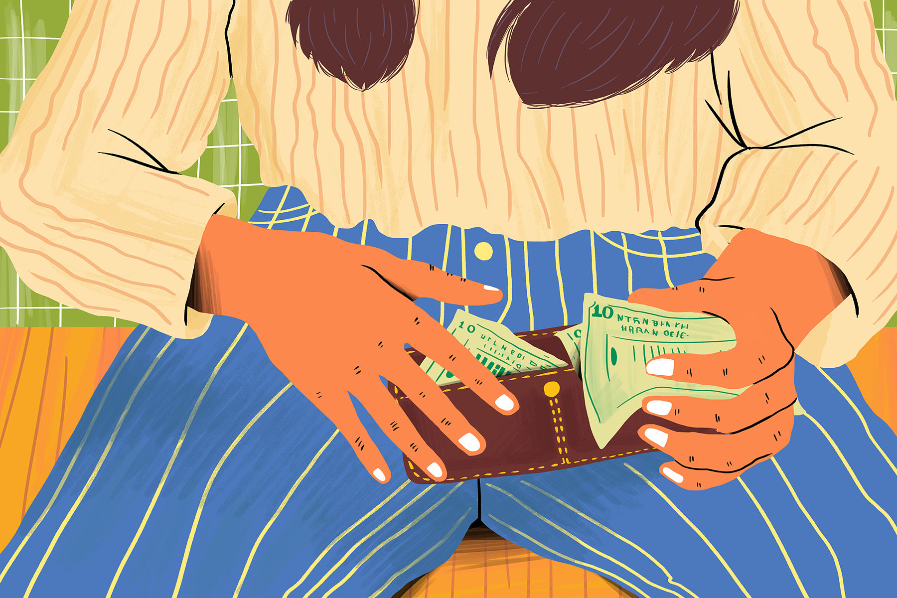 Illustration of woman's hand holding wallet with paper currency.