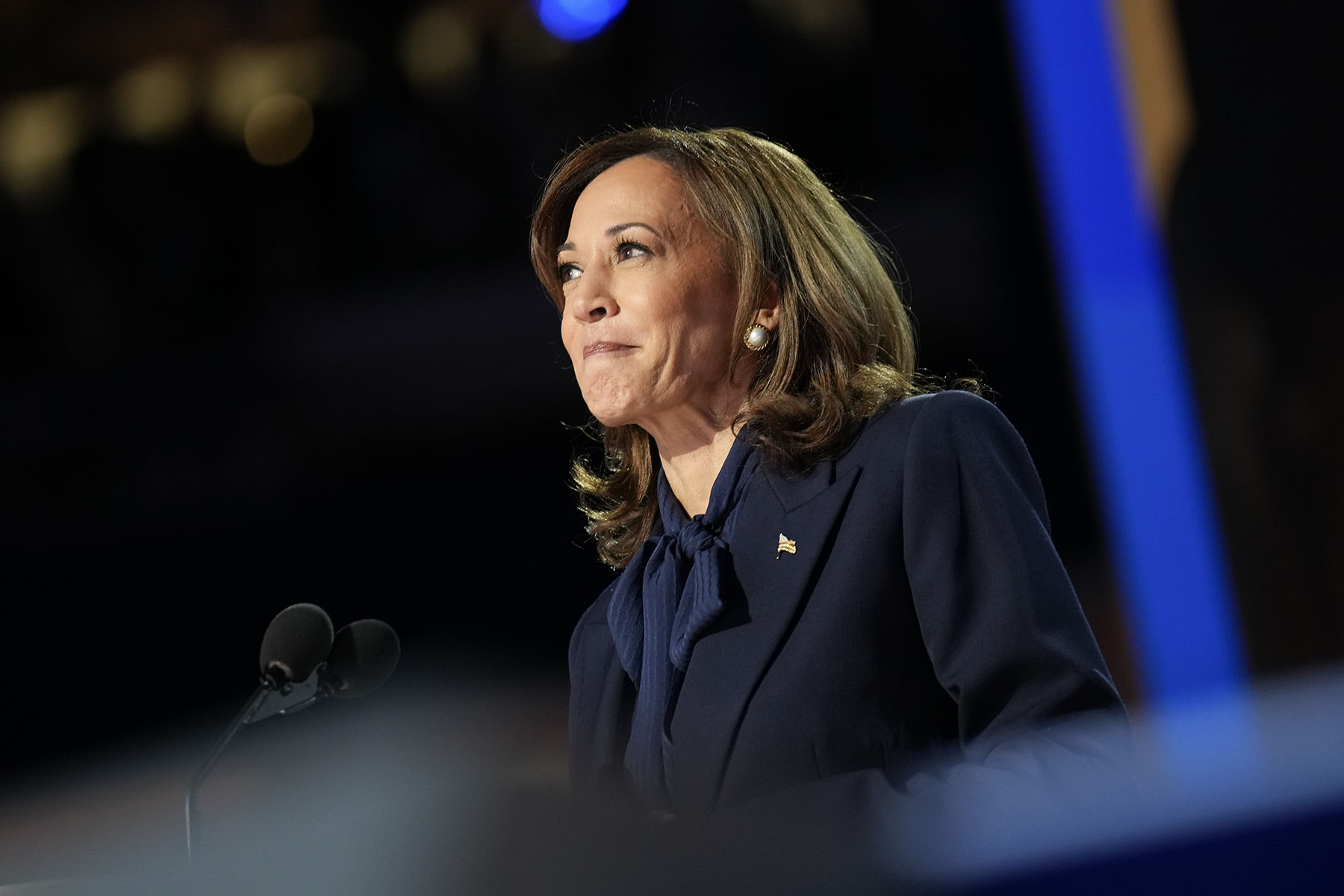 Democratic presidential candidate Vice President Kamala Harris arrives to speak on stage during the final day of the Democratic National Convention on August 22, 2024 in Chicago, Illinois.