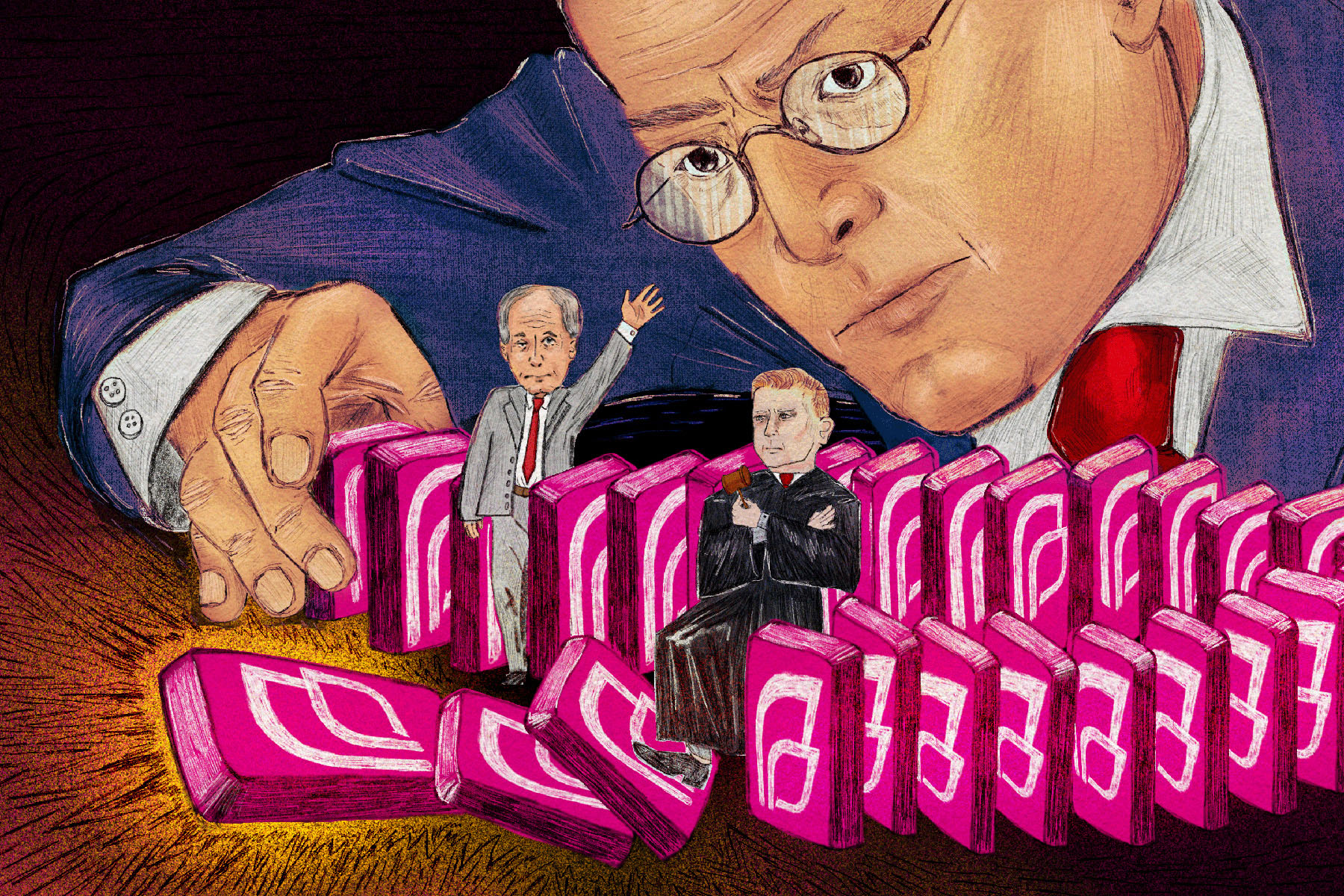 Illustration of Leonard Leo carefully positioning pink dominoes, each featuring the Planned Parenthood logo, to create a domino effect. Texas Attorney General Ken Paxton and Judge Matthew Kacsmaryk are depicted as characters within the domino set.