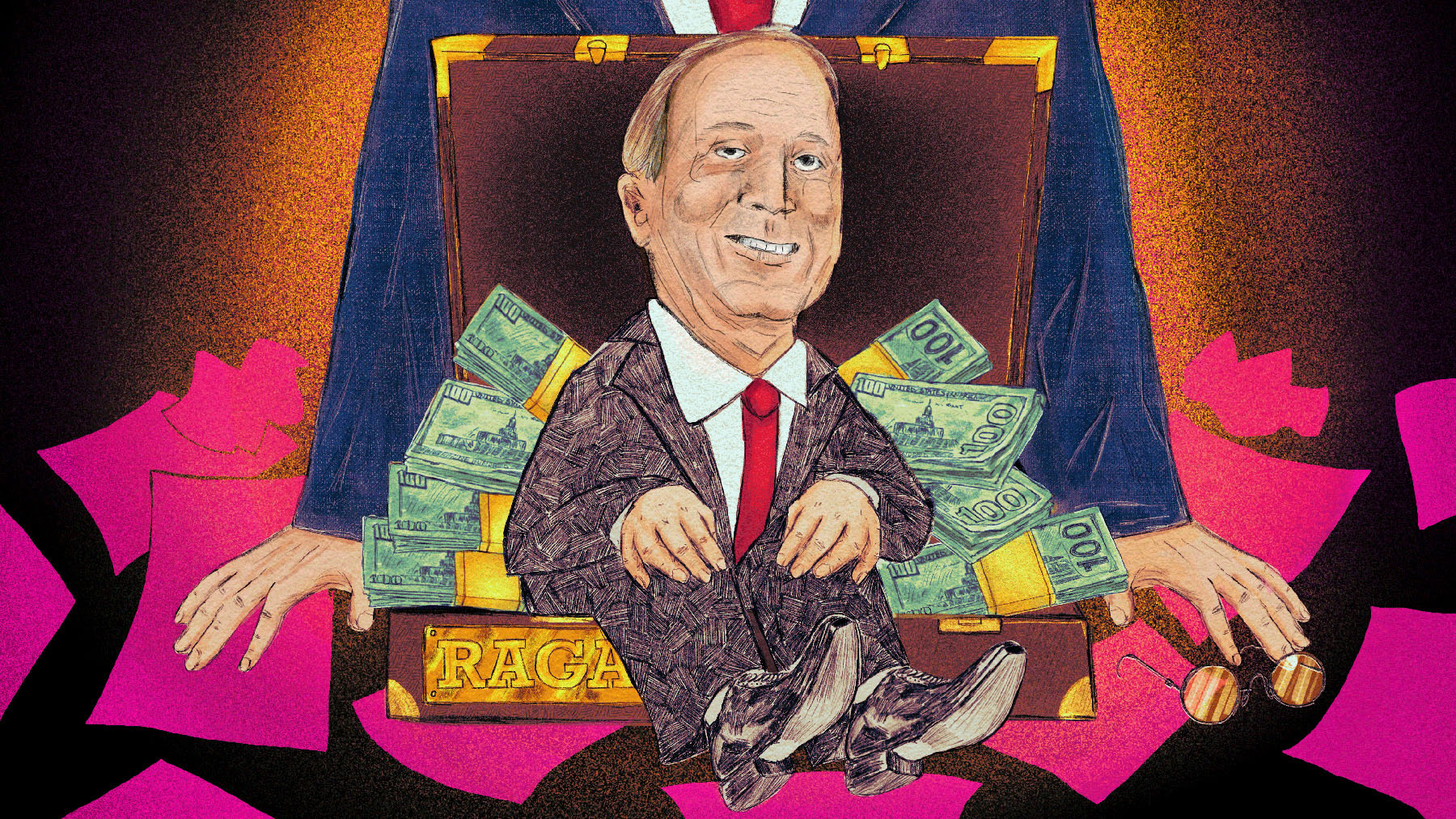 Illustration of Ken Paxton sitting on a suitcase overflowing with stacks of 100-dollar bills, with an oversized Leonard Leo standing behind him. Pink pages are scattered around them.