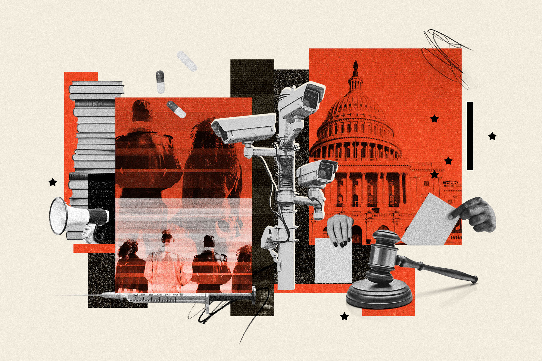 Collage-style illustration featuring elements of surveillance, government, and activism. Security cameras overlooking a group of people, with the U.S. Capitol building in the background. Surrounding these are various symbols of justice and control, including a gavel, a megaphone, and scattered pills.