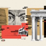 An abstract collage in which is seen a large stack of paper documents on the left, with a vintage-style sketch of wide, alarmed eyes above. In the center, a hand holding a pen appears to be signing or marking text. To the right, a classical government building with columns stands.