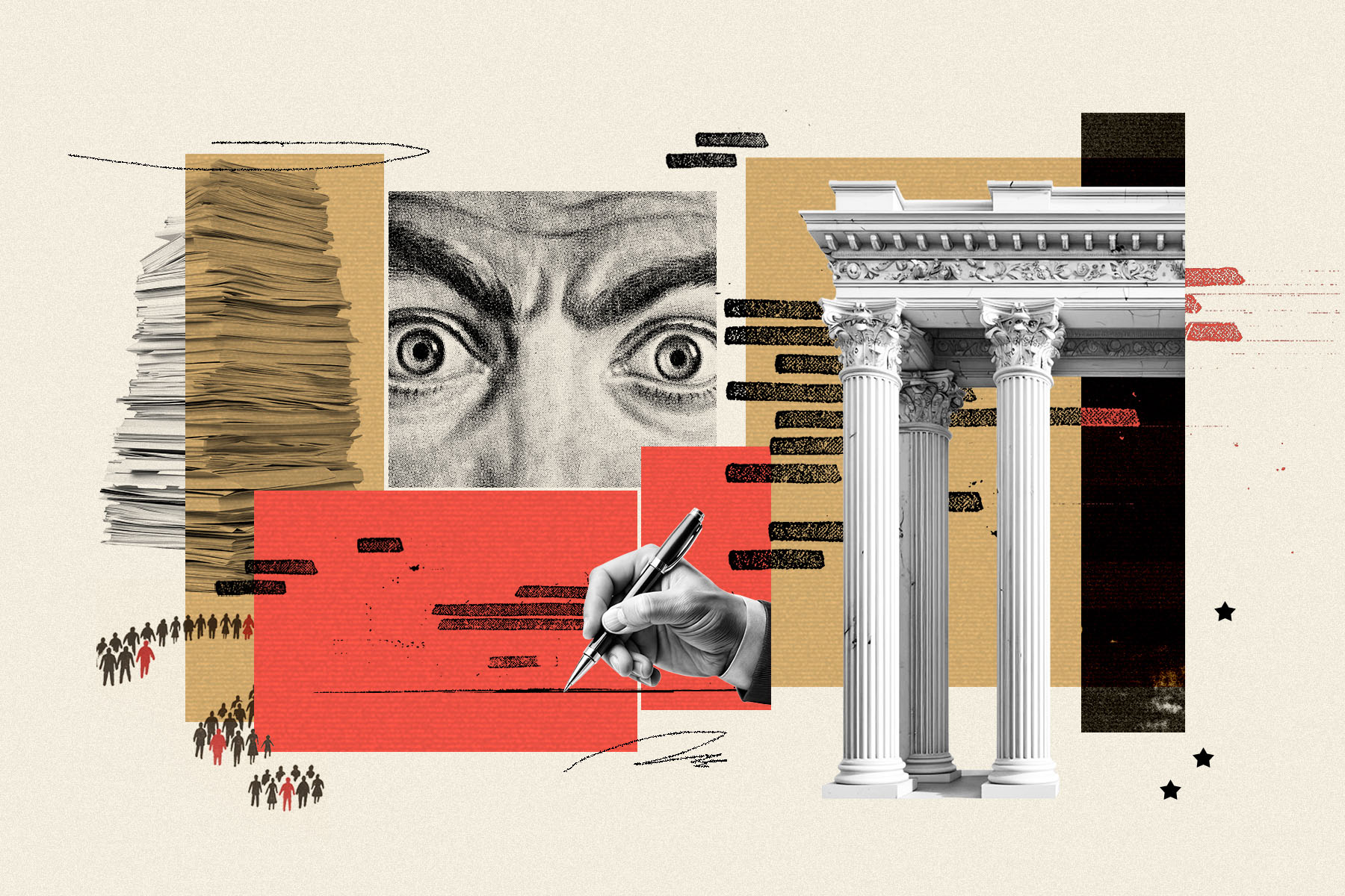 An abstract collage in which is seen a large stack of paper documents on the left, with a vintage-style sketch of wide, alarmed eyes above. In the center, a hand holding a pen appears to be signing or marking text. To the right, a classical government building with columns stands.