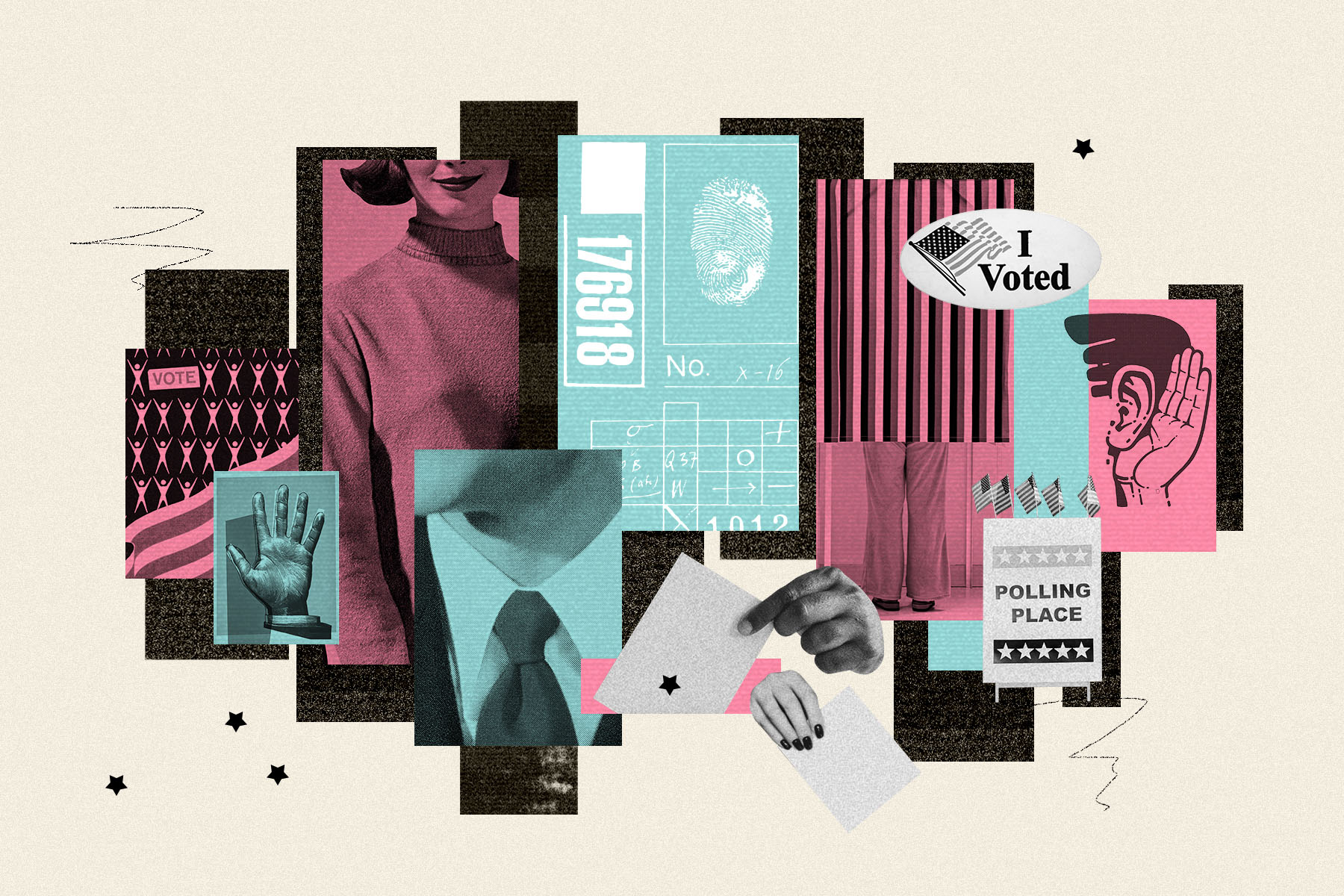 collage-style illustration featuring various visual elements related to voting and democracy including a woman's silhouette, a raised hand, an identification card with a fingerprint, and a hand holding a ballot. There are also graphic elements like an "I Voted" sticker, a polling place sign, and visual motifs such as stripes and stars.