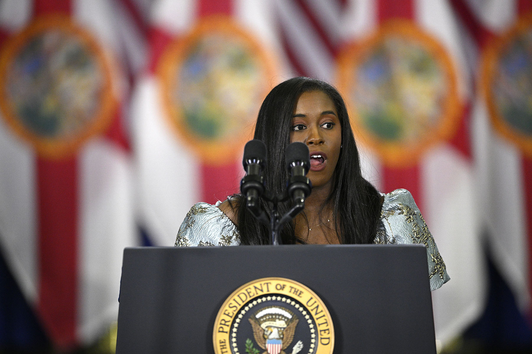 Kaitlyn Joshua talks about her struggle to receive medical care while miscarrying in Louisiana before an appearance by President Joe Biden during a reproductive freedom campaign event.