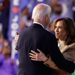 Vice President Kamala Harris greet President Joe Biden at the end of the first day of the DNC.